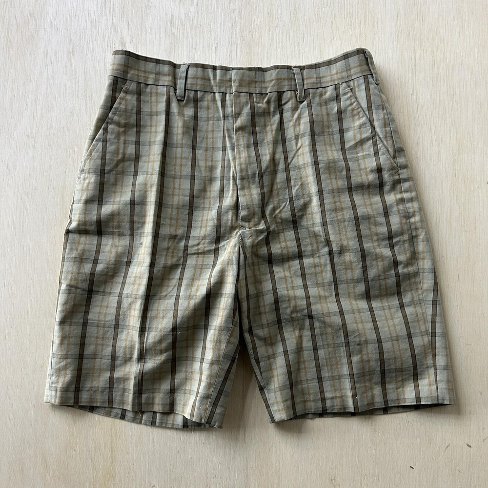 Vintage 70s Penneys Shorts Womens 18 Beige Plaid Bermuda Pleated Japan